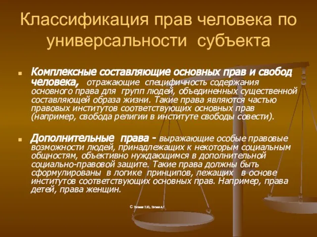 Классификация прав человека по универсальности субъекта Комплексные составляющие основных прав и свобод