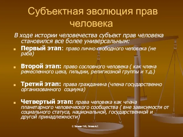 Субъектная эволюция прав человека В ходе истории человечества субъект прав человека становился