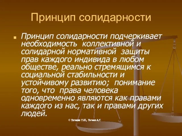 Принцип солидарности Принцип солидарности подчеркивает необходимость коллективной и солидарной нормативной защиты прав