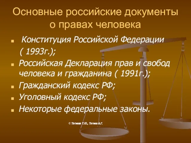 Основные российские документы о правах человека Конституция Российской Федерации ( 1993г.); Российская