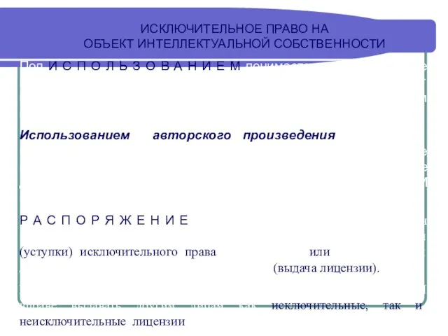 ИСКЛЮЧИТЕЛЬНОЕ ПРАВО НА ОБЪЕКТ ИНТЕЛЛЕКТУАЛЬНОЙ СОБСТВЕННОСТИ Под И С П О Л