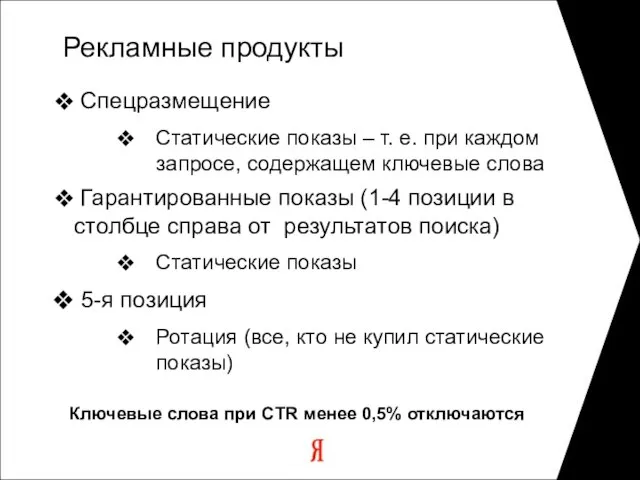 Рекламные продукты Спецразмещение Статические показы – т. е. при каждом запросе, содержащем