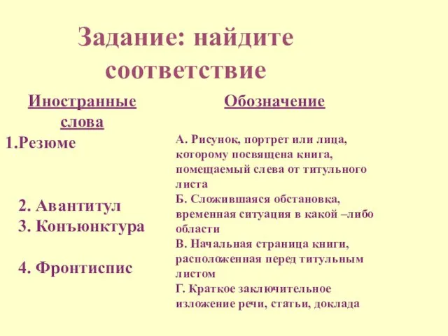 Задание: найдите соответствие Иностранные слова Резюме 2. Авантитул 3. Конъюнктура 4. Фронтиспис