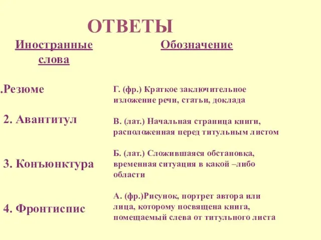 ОТВЕТЫ Иностранные слова Резюме 2. Авантитул 3. Конъюнктура 4. Фронтиспис Обозначение Г.