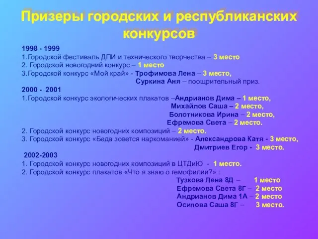 Призеры городских и республиканских конкурсов 1998 - 1999 1.Городской фестиваль ДПИ и