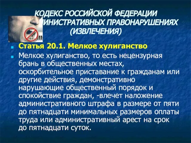 КОДЕКС РОССИЙСКОЙ ФЕДЕРАЦИИ ОБ АДМИНИСТРАТИВНЫХ ПРАВОНАРУШЕНИЯХ (ИЗВЛЕЧЕНИЯ) Статья 20.1. Мелкое хулиганство Мелкое