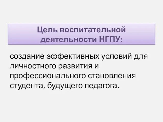 Цель воспитательной деятельности НГПУ: создание эффективных условий для личностного развития и профессионального становления студента, будущего педагога.