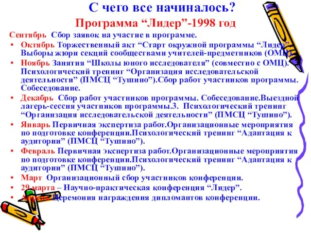 С чего все начиналось? Программа “Лидер”-1998 год Сентябрь Сбор заявок на участие