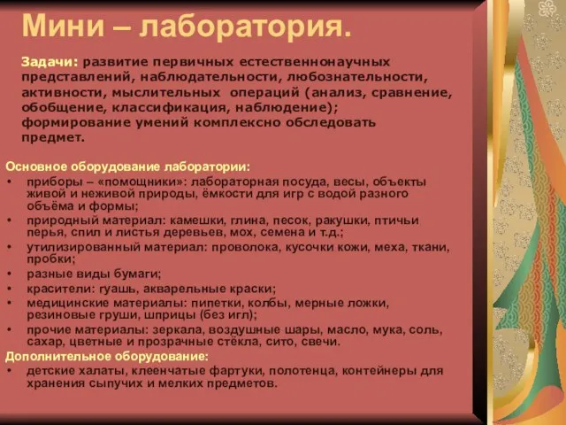 Мини – лаборатория. Основное оборудование лаборатории: приборы – «помощники»: лабораторная посуда, весы,