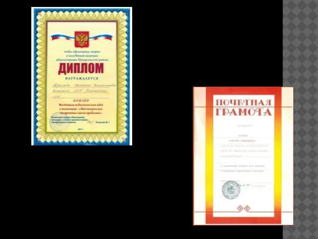 2011г. Диплом призёра фестиваля педагогических идей Шумерлинского района Чувашской Республики 2003г. Почётная