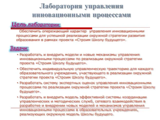 Лаборатория управления инновационными процессами Разработать и внедрить модели и новые механизмы управления