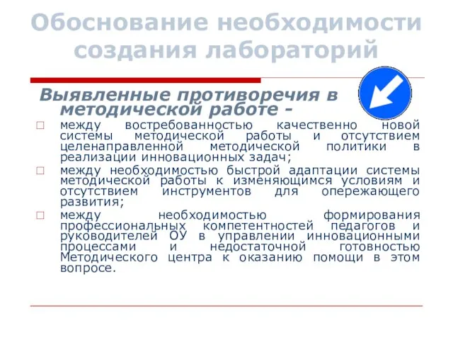 Обоснование необходимости создания лабораторий Выявленные противоречия в методической работе - между востребованностью