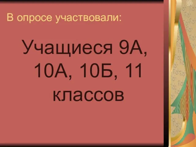 В опросе участвовали: Учащиеся 9А, 10А, 10Б, 11 классов