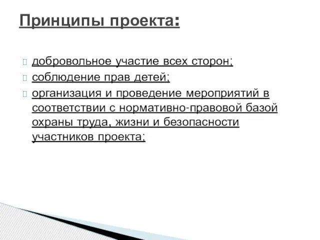 добровольное участие всех сторон; соблюдение прав детей; организация и проведение мероприятий в