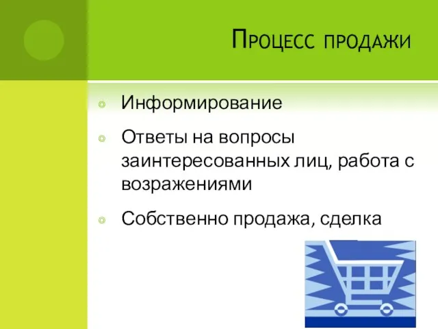 Процесс продажи Информирование Ответы на вопросы заинтересованных лиц, работа с возражениями Собственно продажа, сделка