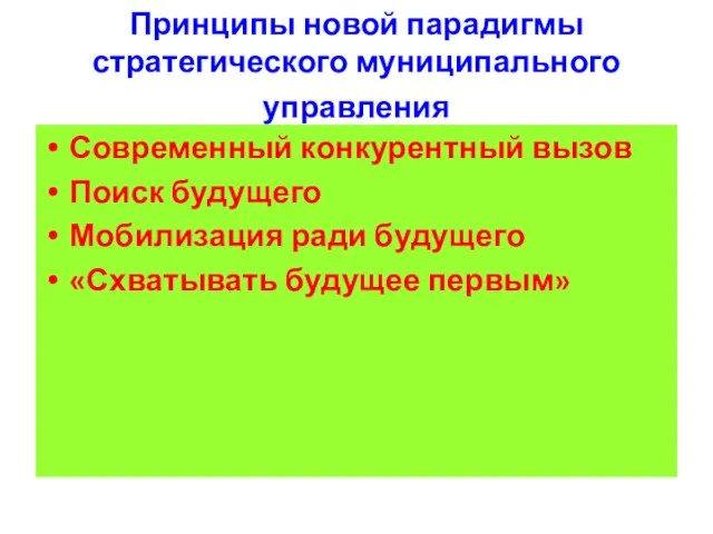 Принципы новой парадигмы стратегического муниципального управления Современный конкурентный вызов Поиск будущего Мобилизация