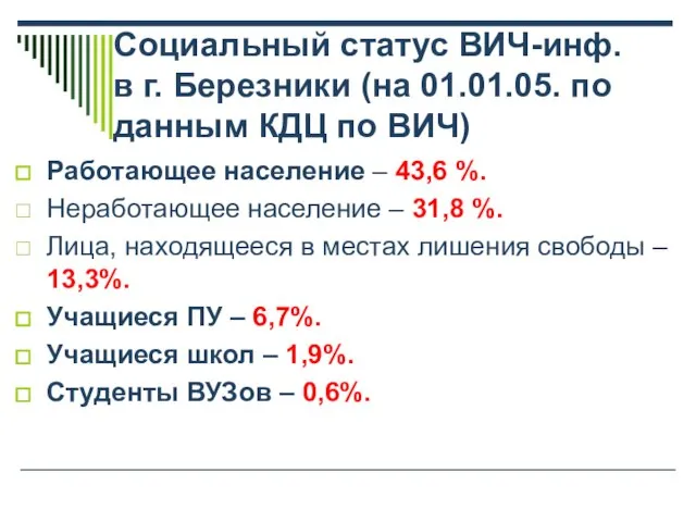 Социальный статус ВИЧ-инф. в г. Березники (на 01.01.05. по данным КДЦ по