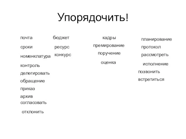 Упорядочить! ресурс кадры сроки поручение исполнение приказ планирование премирование позвонить встретиться отклонить