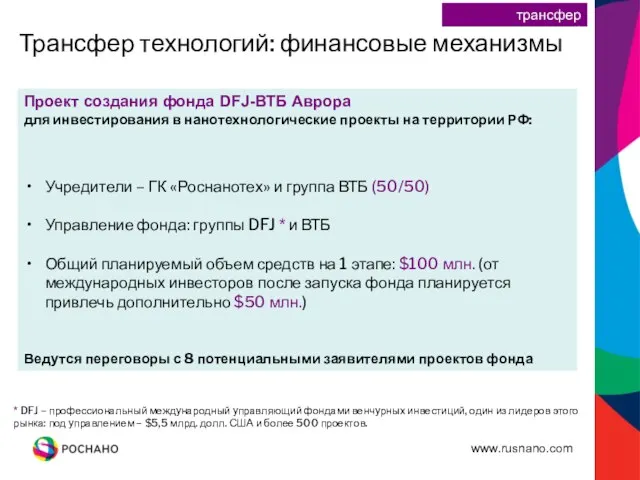 * DFJ – профессиональный международный управляющий фондами венчурных инвестиций, один из лидеров