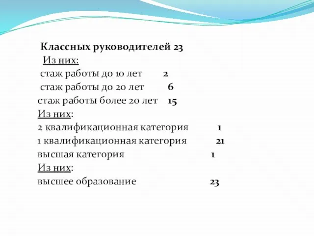 Классных руководителей 23 Из них: стаж работы до 10 лет 2 стаж