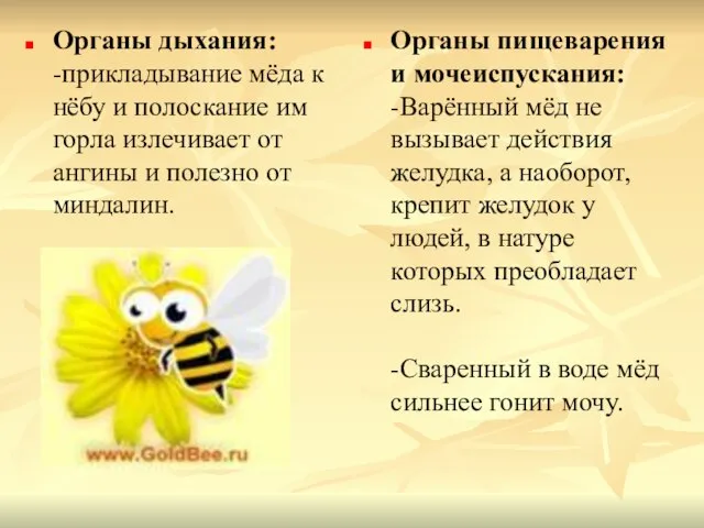 Органы дыхания: -прикладывание мёда к нёбу и полоскание им горла излечивает от