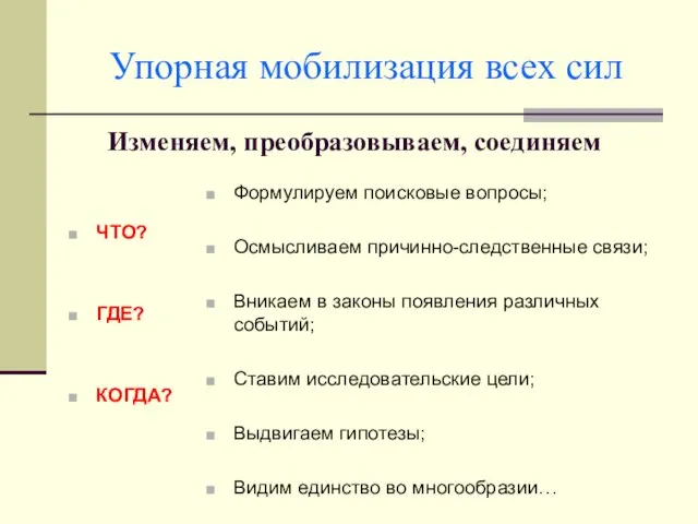 Изменяем, преобразовываем, соединяем ЧТО? ГДЕ? КОГДА? Формулируем поисковые вопросы; Осмысливаем причинно-следственные связи;