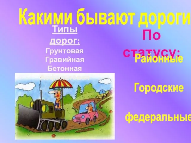 Какими бывают дороги? По статусу: Районные Городские федеральные Типы дорог: Грунтовая Гравийная Бетонная Асфальтовая