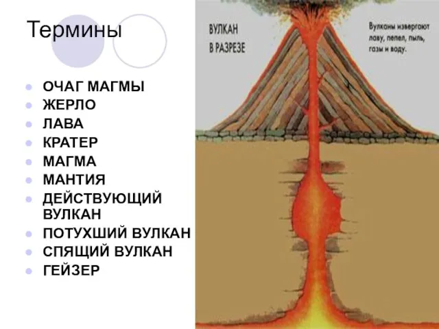 Термины ОЧАГ МАГМЫ ЖЕРЛО ЛАВА КРАТЕР МАГМА МАНТИЯ ДЕЙСТВУЮЩИЙ ВУЛКАН ПОТУХШИЙ ВУЛКАН СПЯЩИЙ ВУЛКАН ГЕЙЗЕР