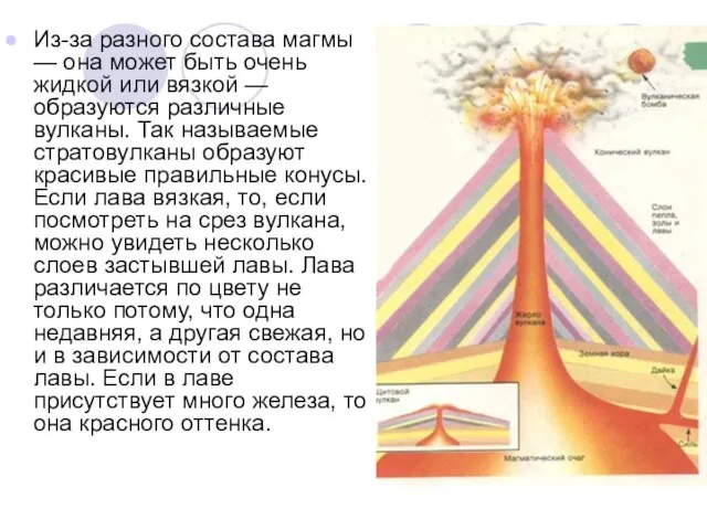 Из-за разного состава магмы — она может быть очень жидкой или вязкой