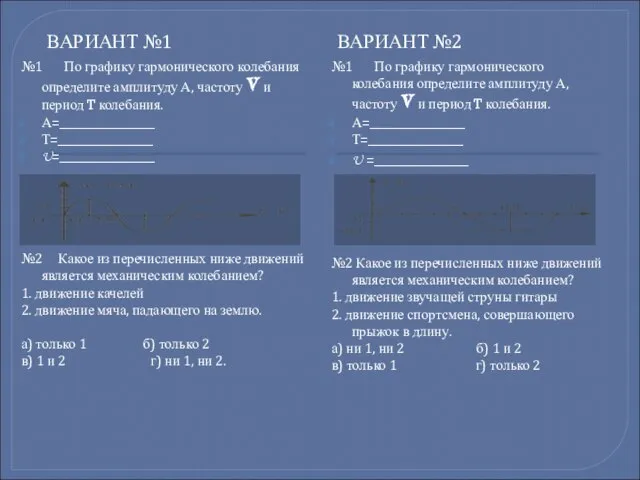 ВАРИАНТ №1 ВАРИАНТ №2 №1 По графику гармонического колебания определите амплитуду А,