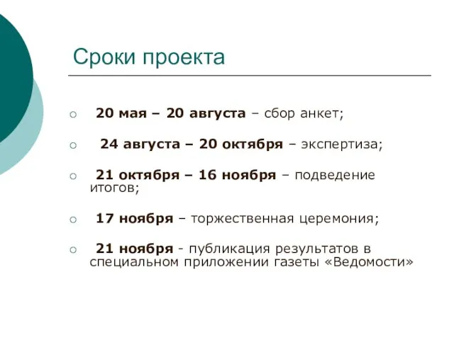 Сроки проекта 20 мая – 20 августа – сбор анкет; 24 августа