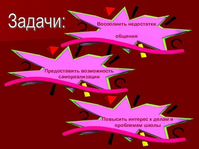 Задачи: Восполнить недостатки общения Предоставить возможность самореализации Повысить интерес к делам и проблемам школы