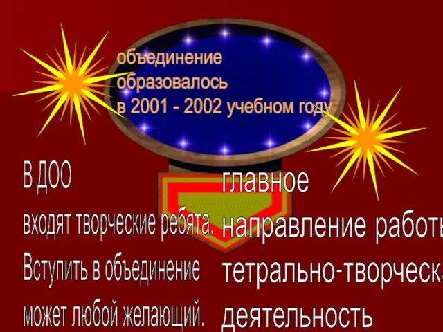 объединение образовалось в 2001 - 2002 учебном году В ДОО входят творческие