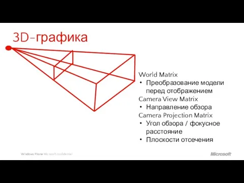 3D-графика World Matrix Преобразование модели перед отображением Camera View Matrix Направление обзора