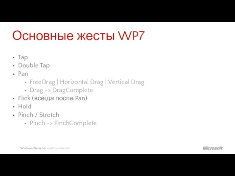 Основные жесты WP7 Tap Double Tap Pan FreeDrag | Horizontal Drag |