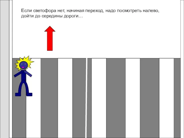 Если светофора нет, начиная переход, надо посмотреть налево, дойти до середины дороги…