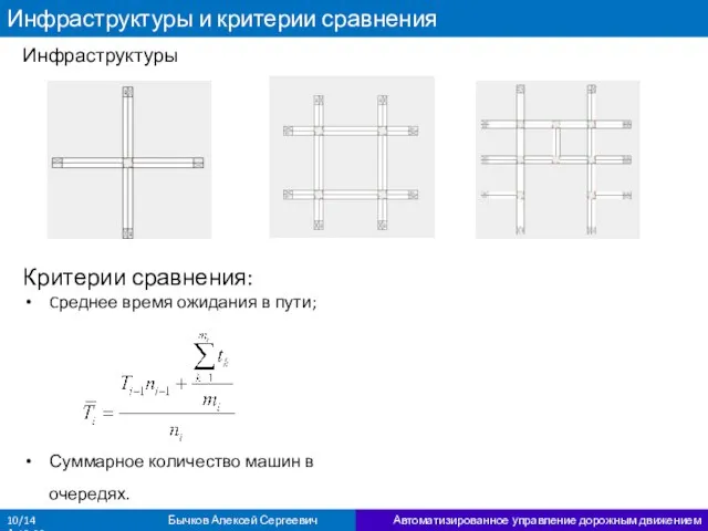 Инфраструктуры и критерии сравнения Автоматизированное управление дорожным движением 10/14 Бычков Алексей Сергеевич