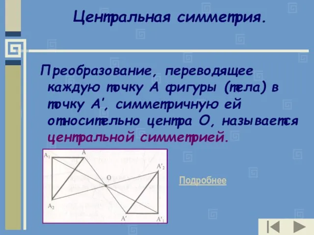 Центральная симметрия. Преобразование, переводящее каждую точку А фигуры (тела) в точку А′,