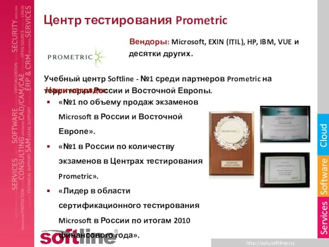 Центр тестирования Prometric Вендоры: Microsoft, EXIN (ITIL), HP, IBM, VUE и десятки