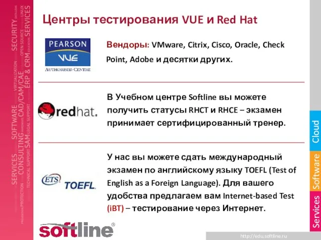 Центры тестирования VUE и Red Hat Вендоры: VMware, Citrix, Cisco, Oracle, Check