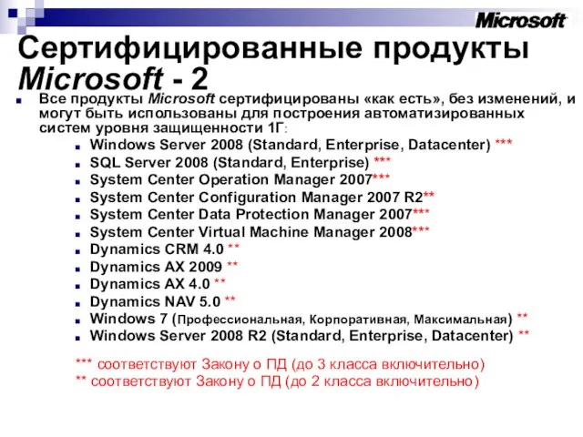 Сертифицированные продукты Microsoft - 2 Все продукты Microsoft сертифицированы «как есть», без