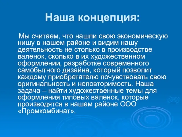 Наша концепция: Мы считаем, что нашли свою экономическую нишу в нашем районе