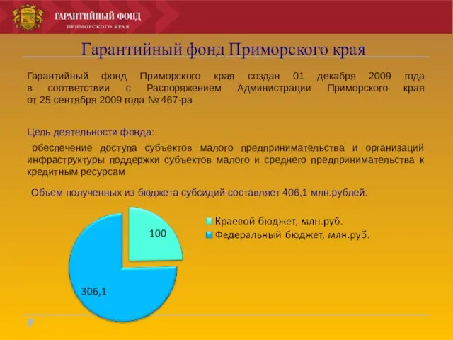 Гарантийный фонд Приморского края Гарантийный фонд Приморского края создан 01 декабря 2009