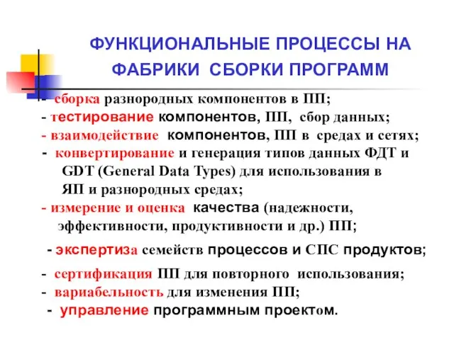 ФУНКЦИОНАЛЬНЫЕ ПРОЦЕССЫ НА ФАБРИКИ СБОРКИ ПРОГРАММ сборка разнородных компонентов в ПП; тестирование