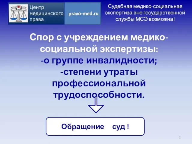 Спор с учреждением медико-социальной экспертизы: -о группе инвалидности; -степени утраты профессиональной трудоспособности.