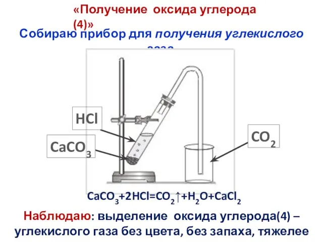 Собираю прибор для получения углекислого газа. CaCO3+2HCl=CO2↑+H2O+CaCl2 Наблюдаю: выделение оксида углерода(4) –