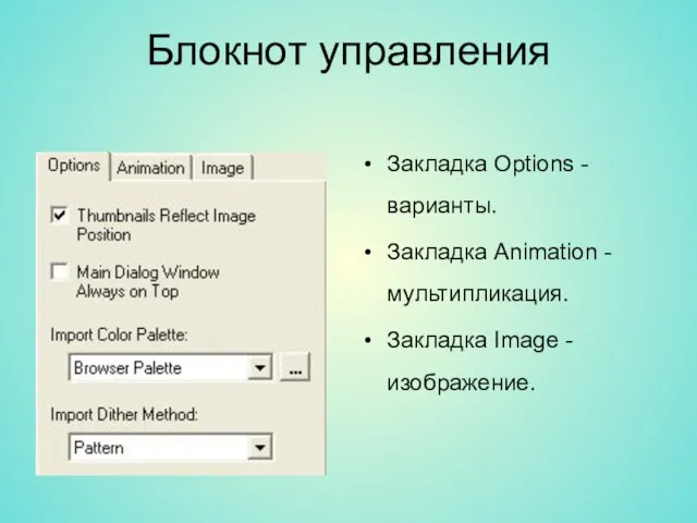 Блокнот управления Закладка Options - варианты. Закладка Animation - мультипликация. Закладка Image - изображение.