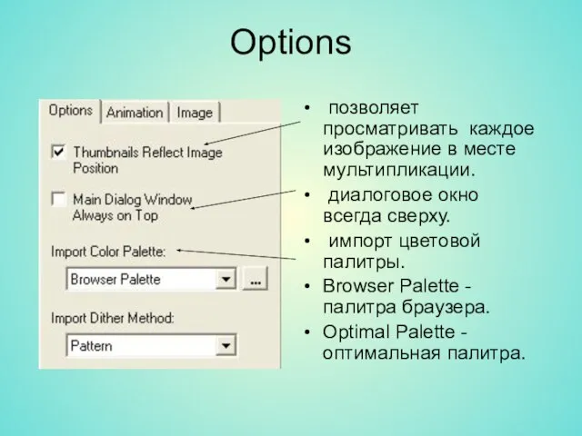 Options позволяет просматривать каждое изображение в месте мультипликации. диалоговое окно всегда сверху.