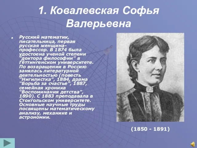 1. Ковалевская Софья Валерьевна Русский математик, писательница, первая русская женщина-профессор. В 1874
