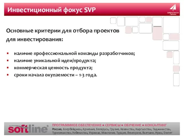 Инвестиционный фокус SVP Основные критерии для отбора проектов для инвестирования: наличие профессиональной